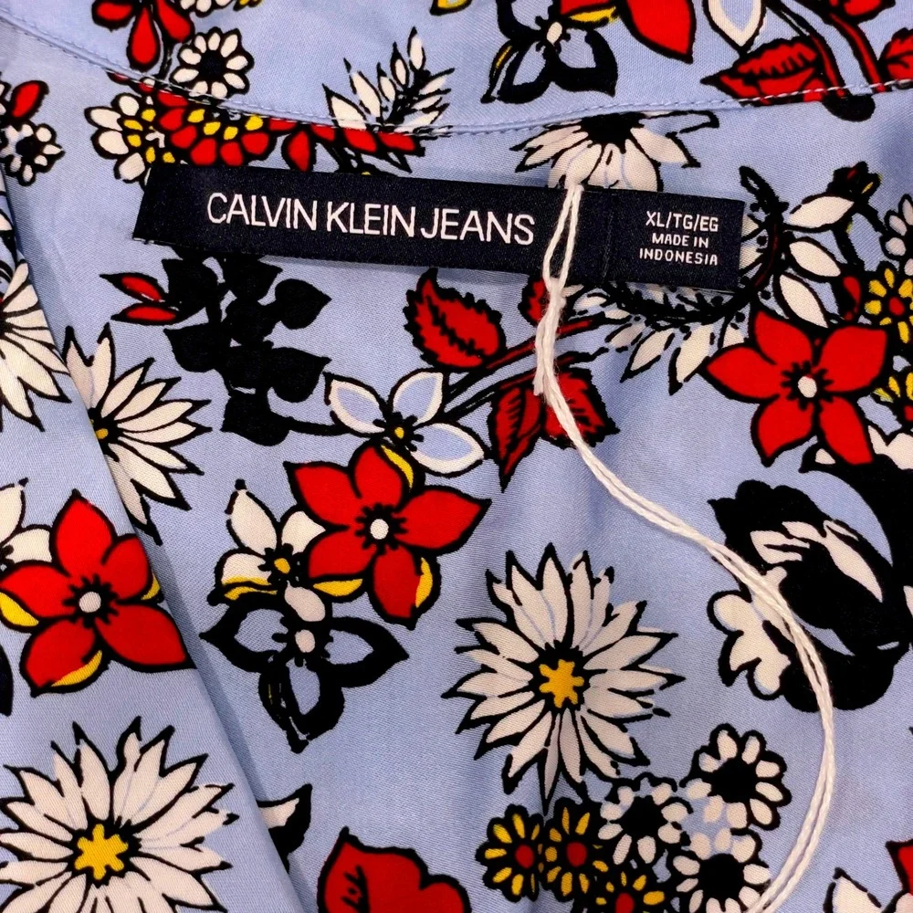 Calvin‎ Klein Jeans Womens Floral Blue Red Shirt Button Down Short Sleeve XL
